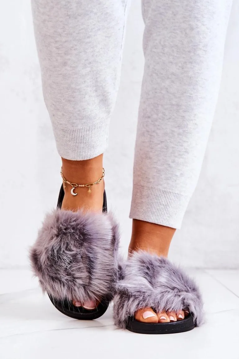 Klapki Z Futerkiem Gumowe Szare Pollie