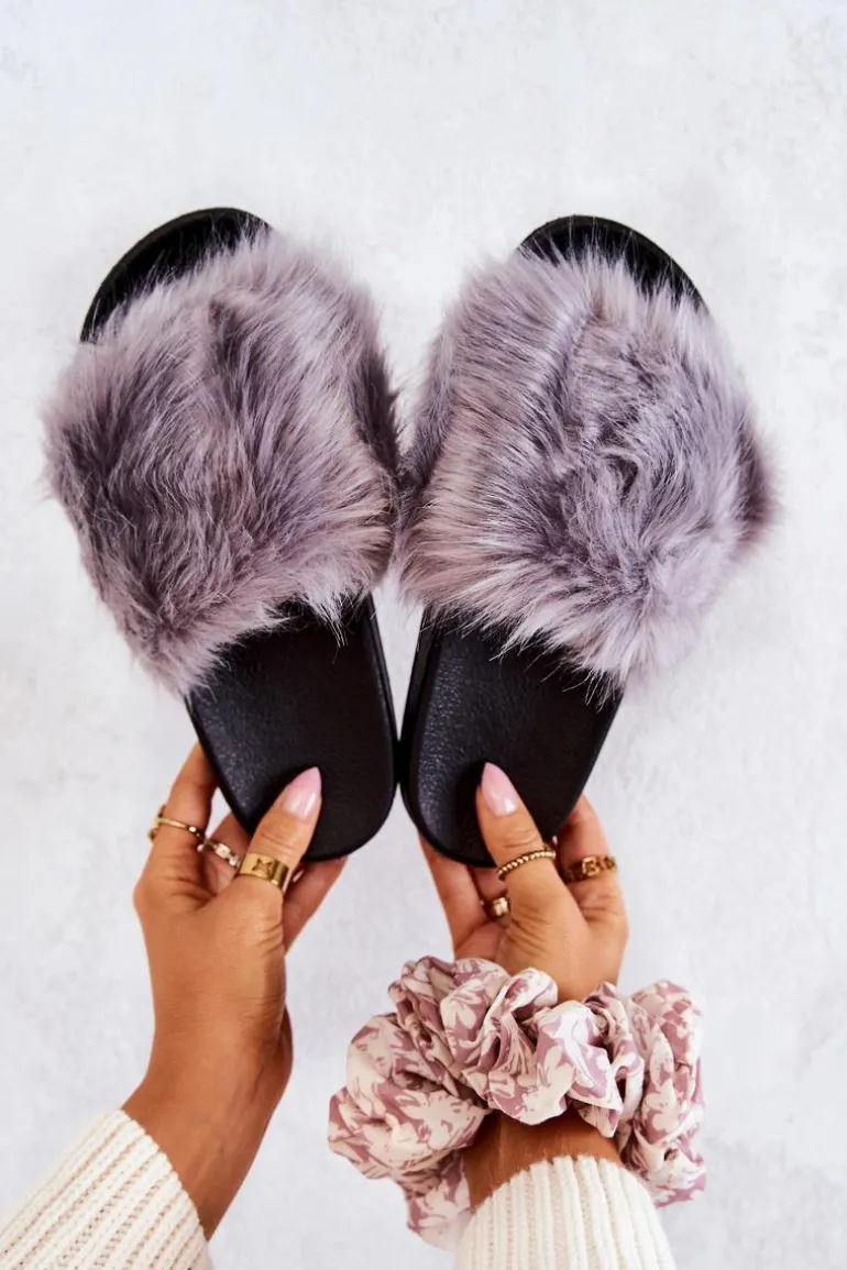 Klapki Z Futerkiem Gumowe Szare Pollie