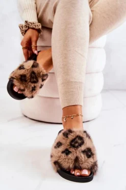 Klapki Z Futerkiem Gumowe Panterka Brązowe Noelle