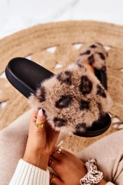 Klapki Z Futerkiem Gumowe Panterka Brązowe Noelle