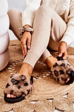 Klapki Z Futerkiem Gumowe Panterka Brązowe Noelle