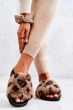 Klapki Z Futerkiem Gumowe Panterka Brązowe Noelle