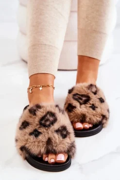 Klapki Z Futerkiem Gumowe Panterka Brązowe Noelle