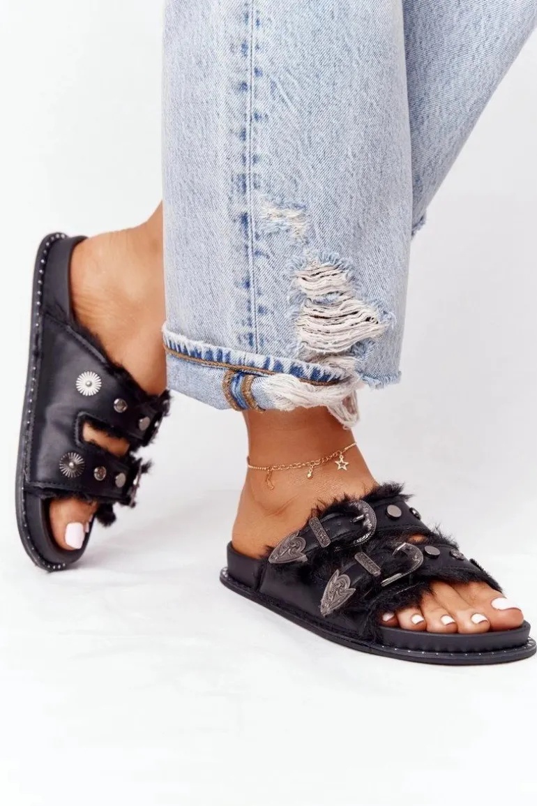 Klapki Z Klamrami I Futerkiem Czarne Lydi