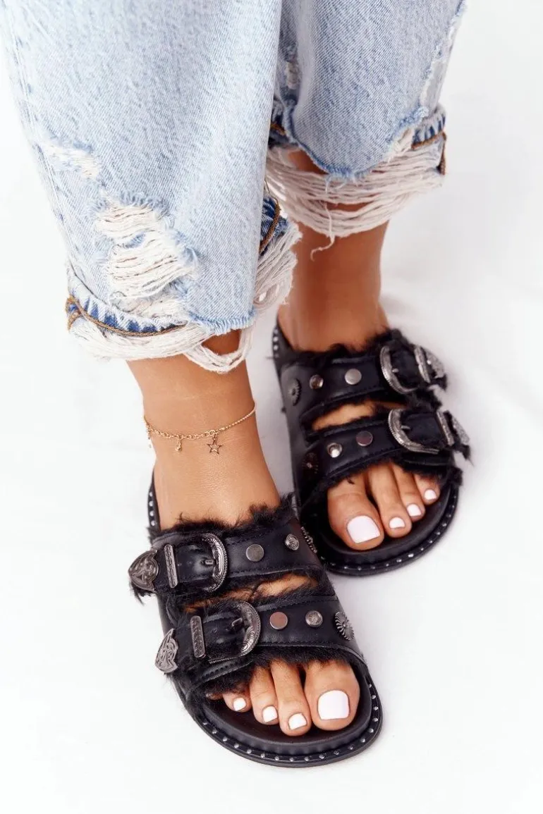 Klapki Z Klamrami I Futerkiem Czarne Lydi