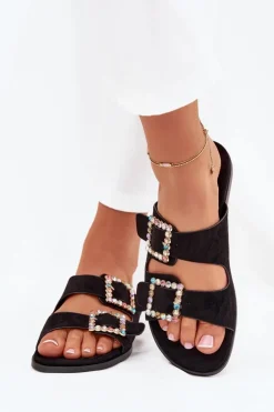 Klapki Z Klamrami Na Płaskim Obcasie Czarne Tovira