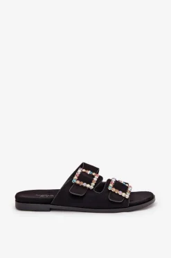 Klapki Z Klamrami Na Płaskim Obcasie Czarne Tovira