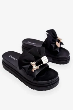 Klapki Z Kokardą I Ozdobnym Misiem Czarne Suzy