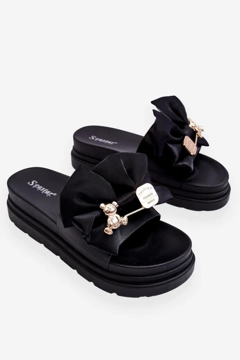 Klapki Z Kokardą I Ozdobnym Misiem Czarne Suzy
