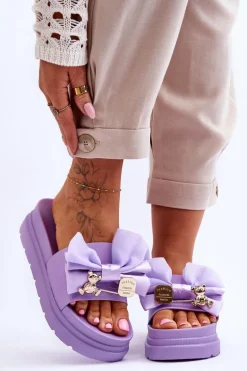 Klapki Z Kokardą I Ozdobnym Misiem Fioletowe Suzy