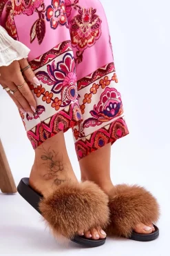 Klapki Z Naturalnym Futerkiem Brązowe Naturis