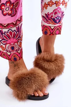 Klapki Z Naturalnym Futerkiem Brązowe Naturis