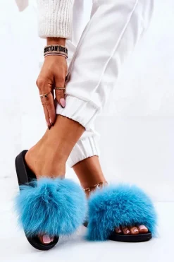 Klapki Z Naturalnym Futerkiem Niebieskie Naturis