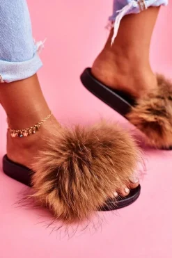 Klapki z Naturalnym Futerkiem Camel Elsa