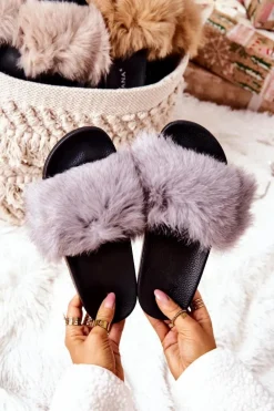 Klapki Z Naturalnym Futerkiem Szare Naturimo