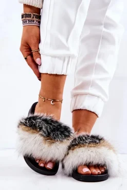 Klapki Z Naturalnym Futerkiem Biało-Czarne Naturis