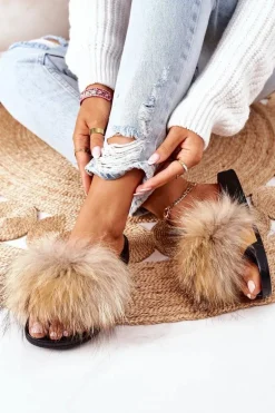 Klapki z Naturalnym Futerkiem Beżowe Elsa