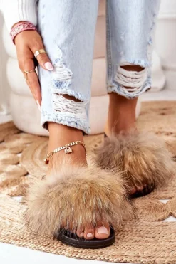 Klapki z Naturalnym Futerkiem Beżowe Elsa