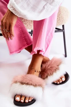 Klapki Z Naturalnym Futerkiem Biało-Różowe Naturis