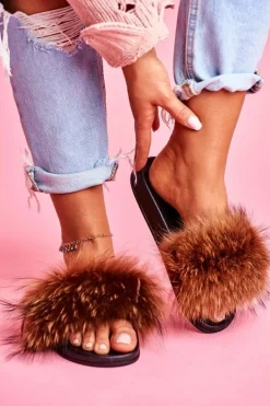 Klapki Z Naturalnym Futerkiem Brązowe Elsa