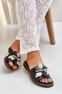 Klapki Z Ozdobą Skóra Naturalna Zazoo 3574/Z Czarne