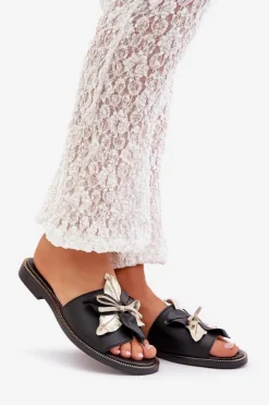 Klapki Z Ozdobą Skóra Naturalna Zazoo 3574/Z Czarne