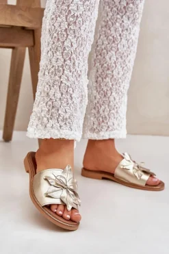 Klapki Z Ozdobą Skóra Naturalna Zazoo 3667 Złote