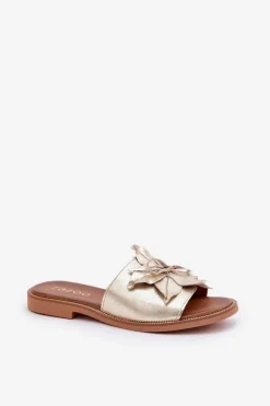 Klapki Z Ozdobą Skóra Naturalna Zazoo 3667 Złote