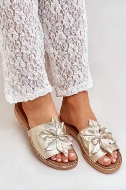 Klapki Z Ozdobą Skóra Naturalna Zazoo 3667 Złote