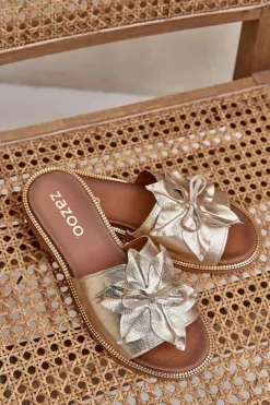 Klapki Z Ozdobą Skóra Naturalna Zazoo 3667 Złote