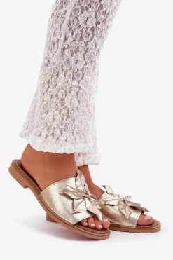 Klapki Z Ozdobą Skóra Naturalna Zazoo 3667 Złote