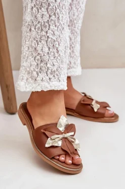 Klapki Z Ozdobą Skóra Naturalna Zazoo 3574/Z Camel