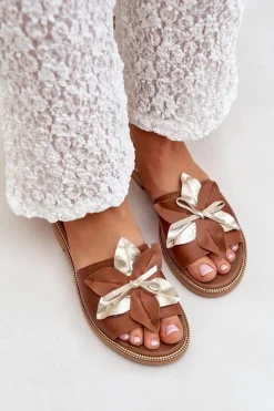 Klapki Z Ozdobą Skóra Naturalna Zazoo 3574/Z Camel