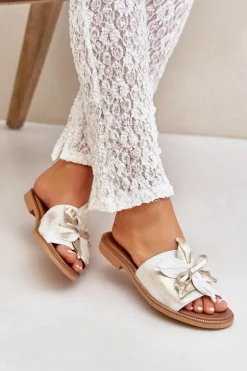 Klapki Z Ozdobą Skóra Naturalna Zazoo 3667 Złoty Przecierany