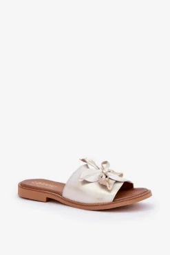 Klapki Z Ozdobą Skóra Naturalna Zazoo 3667 Złoty Przecierany