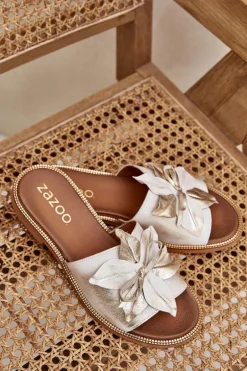 Klapki Z Ozdobą Skóra Naturalna Zazoo 3667 Złoty Przecierany