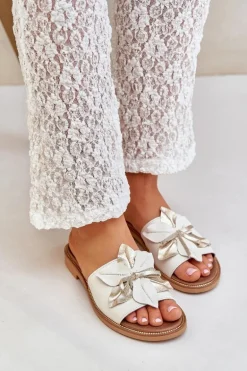 Klapki Z Ozdobą Skóra Naturalna Zazoo 3667 Białe