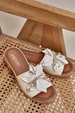 Klapki Z Ozdobą Skóra Naturalna Zazoo 3667 Białe