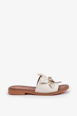 Klapki Z Ozdobą Skóra Naturalna Zazoo 3667 Białe