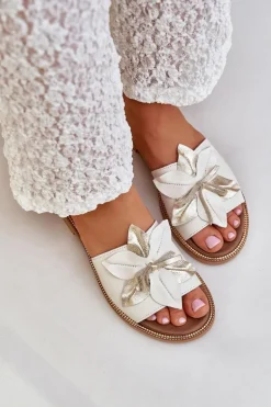 Klapki Z Ozdobą Skóra Naturalna Zazoo 3667 Białe