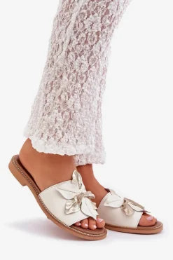 Klapki Z Ozdobą Skóra Naturalna Zazoo 3667 Białe