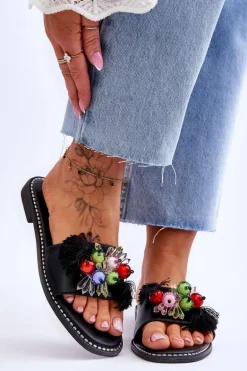 Klapki Z Ozdobnymi Koralikami S.Barski KV-2775-47 Czarne