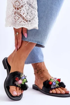 Klapki Z Ozdobnymi Koralikami S.Barski KV-2775-47 Czarne