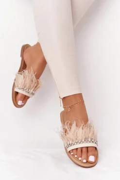 Klapki Z Piórami Lu Boo Beżowe