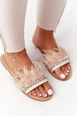 Klapki Z Piórami Lu Boo Beżowe