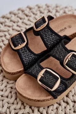 Klapki Z Plecionką I Klamrami Na Masywnej Platformie Czarne Aralissea