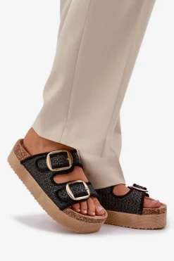 Klapki Z Plecionką I Klamrami Na Masywnej Platformie Czarne Aralissea