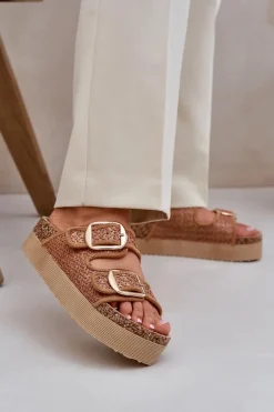 Klapki Z Plecionką I Klamrami Na Masywnej Platformie Camel Aralissea