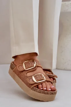 Klapki Z Plecionką I Klamrami Na Masywnej Platformie Camel Aralissea