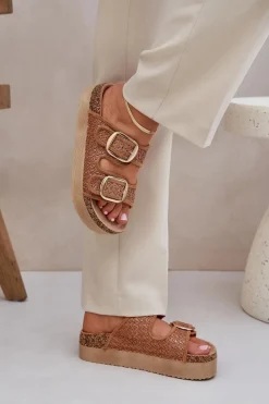 Klapki Z Plecionką I Klamrami Na Masywnej Platformie Camel Aralissea